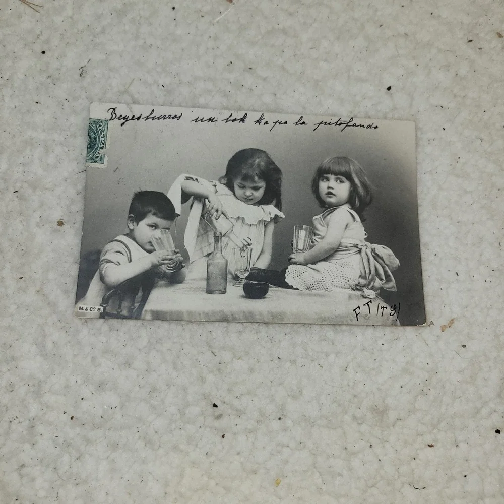 Antique Spanish Real Photo Postcard Children‎ Drinking Glasses RPPC Spain c1910